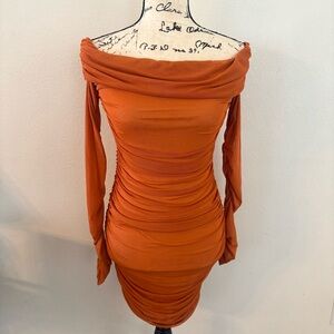 Elegant Off-Shoulder Orange Dress Ladies Size Small